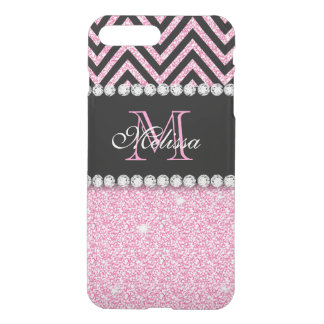 PINK GLITTER BLACK CHEVRON MONOGRAMMED iPhone 8 PLUS/7 PLUS CASE
