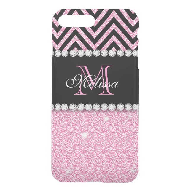 PINK GLITTER BLACK CHEVRON MONOGRAMMED UNCOMMON iPhone CASE (Back)