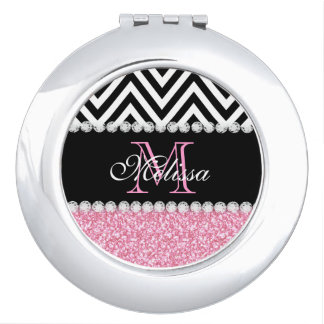 PINK GLITTER BLACK CHEVRON MONOGRAMMED VANITY MIRROR