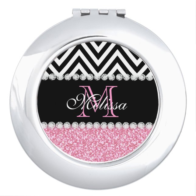 PINK GLITTER BLACK CHEVRON MONOGRAMMED VANITY MIRROR (Front)