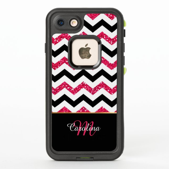 Pink Glitter, Black Chevron, Personalized LifeProof iPhone Case (Back)