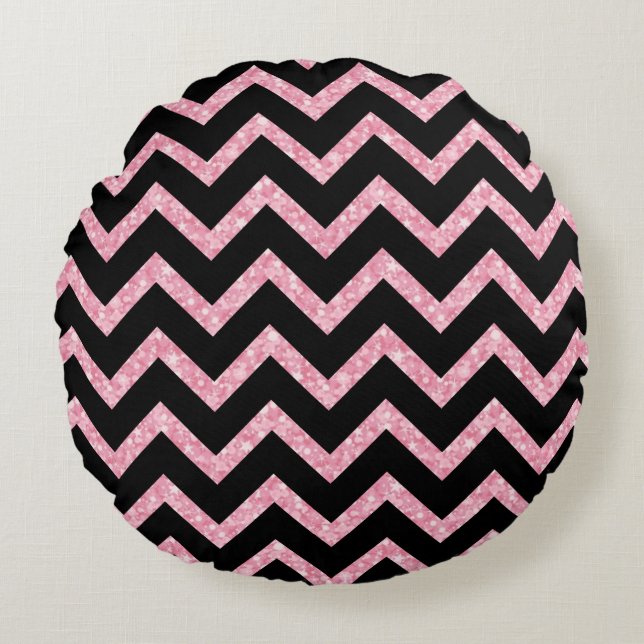 Pink Glitter Black Chevron Zigzag Pattern Round Pillow (Front)