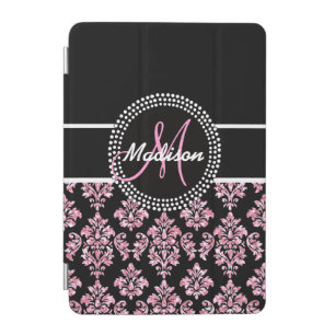 PINK GLITTER BLACK DAMASK YOUR MONOGRAM iPad MINI COVER
