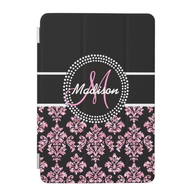 PINK GLITTER BLACK DAMASK YOUR MONOGRAM iPad MINI COVER (Front)