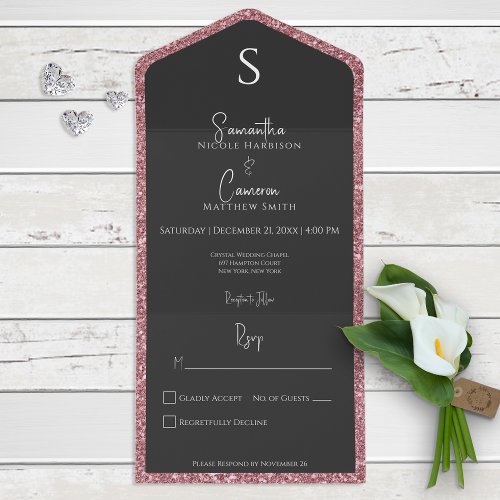 Pink Glitter  Black Glam Modern No Dinner All In One Invitation