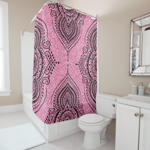 Pink Glitter  Black Lace Floral Ornament Shower Curtain