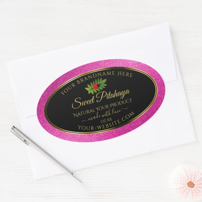 Pink Glitter Black Product Labels Fine Gold Frame (Envelope)