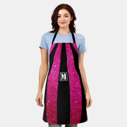 Pink Glitter  Black Stripes Personalized Monogram Apron