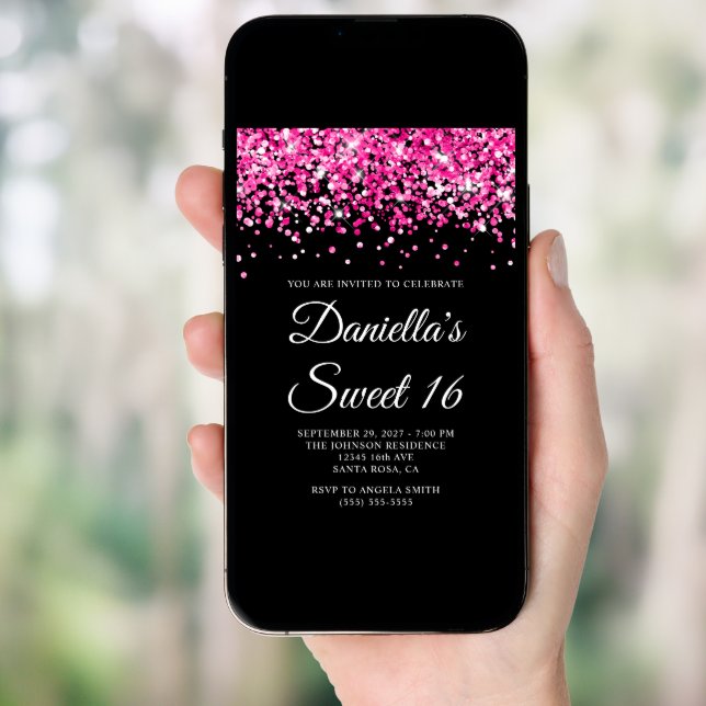 Pink Glitter Black Sweet 16 Invitation (Front Digital)