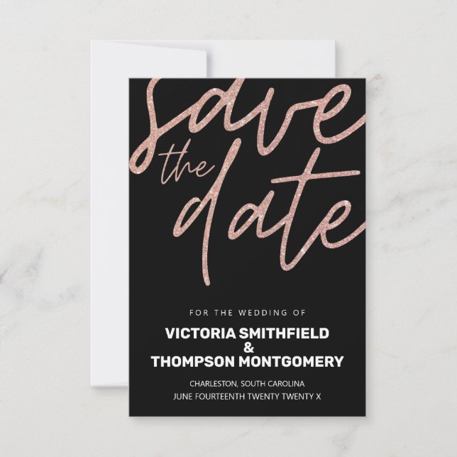 Pink Glitter Black Trendy Elegant Wedding Save The Date (Front)