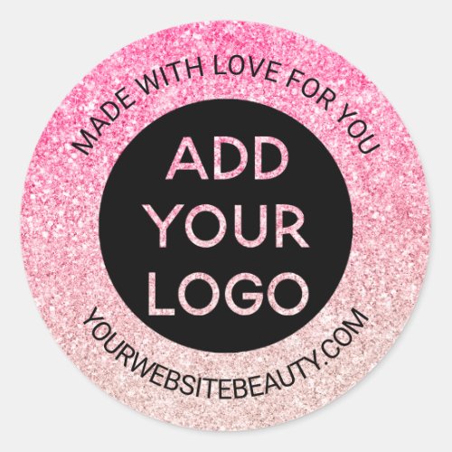 Pink glitter blush sparkles ombre chic logo classic round sticker