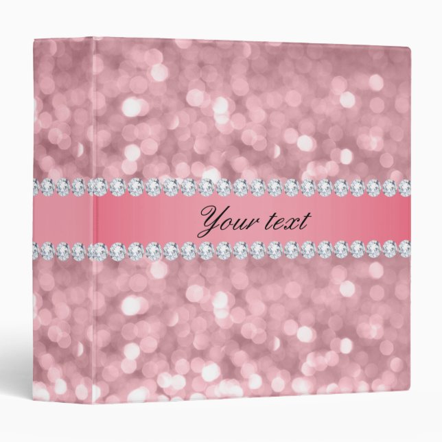 Pink Glitter Bokeh and Diamonds Personalized 3 Ring Binder (Front/Spine)