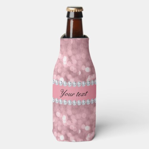 Pink Glitter Bokeh and Diamonds Personalized Bottle Cooler