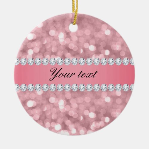 Pink Glitter Bokeh and Diamonds Personalized Ceramic Ornament