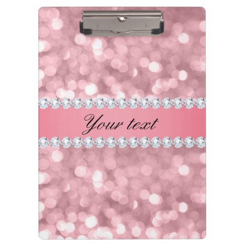 Pink Glitter Bokeh and Diamonds Personalized Clipboard