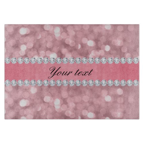 Pink Glitter Bokeh and Diamonds Personalized Cutting Board