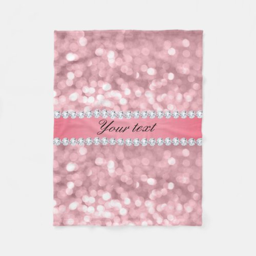 Pink Glitter Bokeh and Diamonds Personalized Fleece Blanket