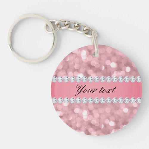 Pink Glitter Bokeh and Diamonds Personalized Keychain