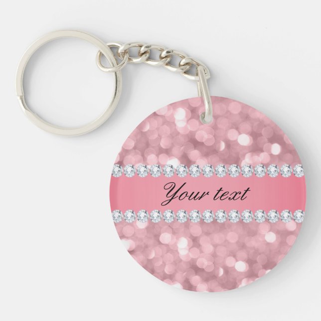 Pink Glitter Bokeh and Diamonds Personalized Keychain (Front)