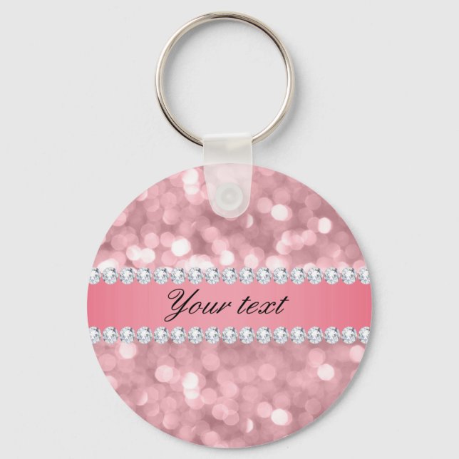 Pink Glitter Bokeh and Diamonds Personalized Keychain (Front)