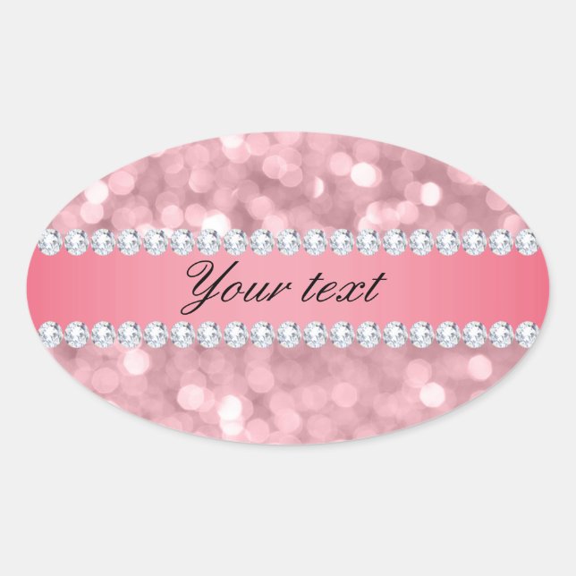 Pink Glitter Bokeh and Diamonds Personalized Oval Sticker (Front)