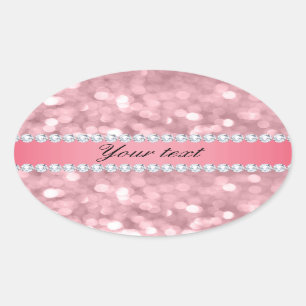Pink Glitter Bokeh and Diamonds Personalized Oval Sticker