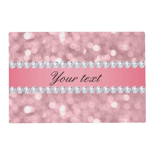Pink Glitter Bokeh and Diamonds Personalized Placemat (Front)