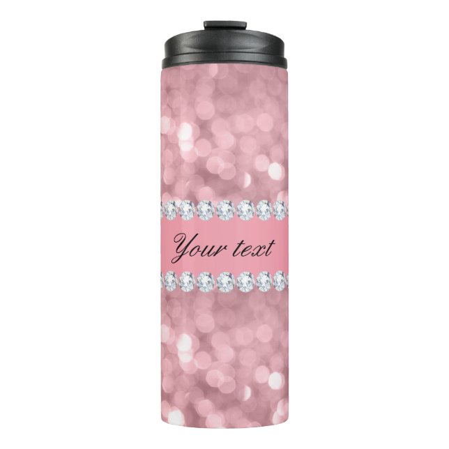 Pink Glitter Bokeh and Diamonds Personalized Thermal Tumbler (Front)