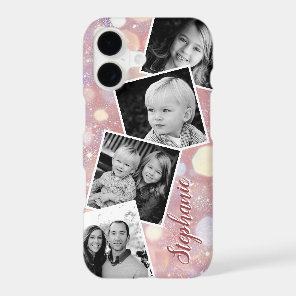 Pink Glitter Bokeh Photo Collage Personalized Name iPhone 17 Case