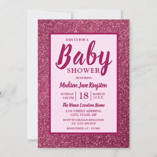 Pink Glitter Border Baby Shower Invitation