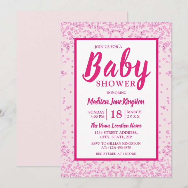 Pink Glitter Border Girly Baby Shower Invite (Front/Back)
