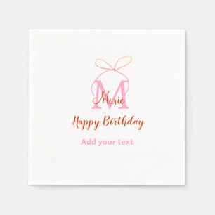 Pink glitter bow add name letter monogram birthday napkins