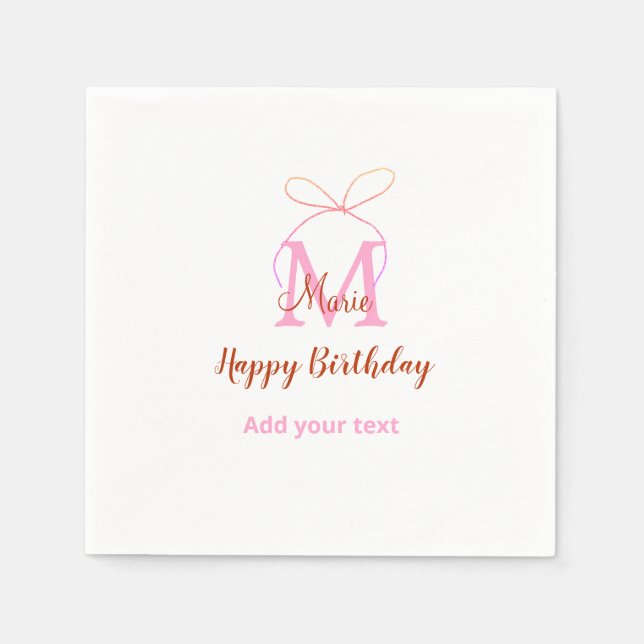 Pink glitter bow add name letter monogram birthday napkins (Front)