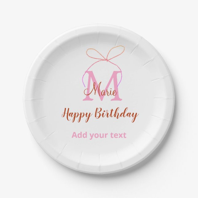 Pink glitter bow add name letter monogram birthday paper plates (Front)
