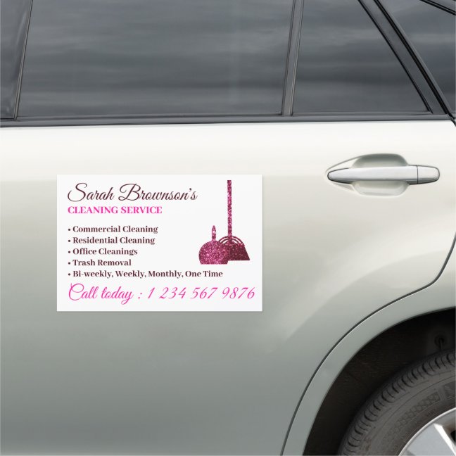 Pink Glitter Broom Elegant House Cleaning Service Car Magnet