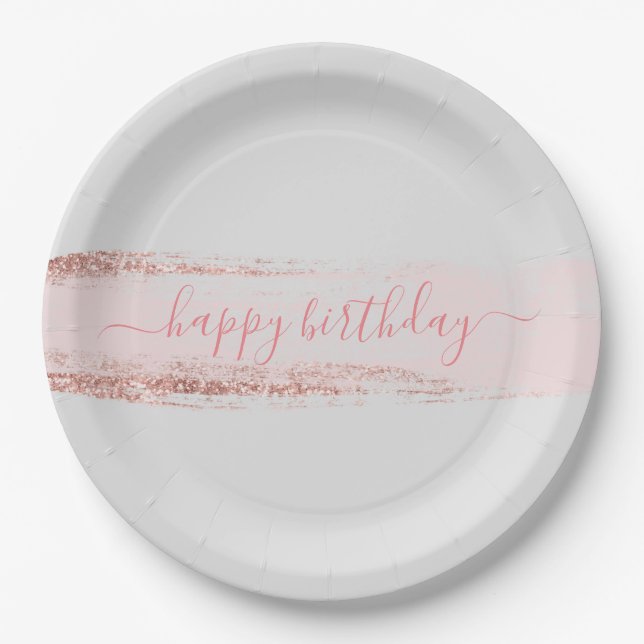 Pink Glitter Brushstroke Birthday Paper Plates (Front)