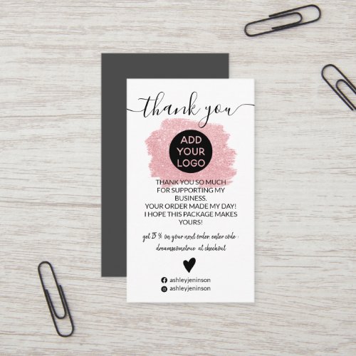 Pink glitter brushstroke logo order thank you business card