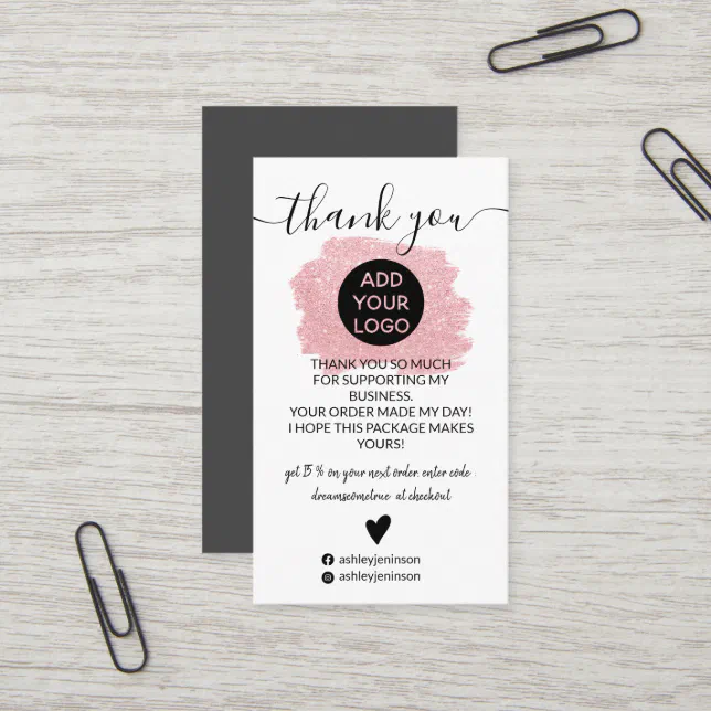 Pink glitter brushstroke logo order thank you business card | Zazzle