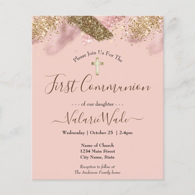 Pink Glitter Budget First Communion Flyer (Front)