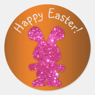 Pink Glitter Bunny Happy Easter Classic Round Sticker