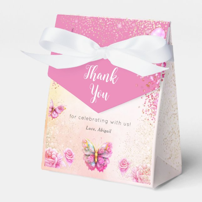 Pink Glitter Butterfly Baby Shower Favor Boxes (Front Side)