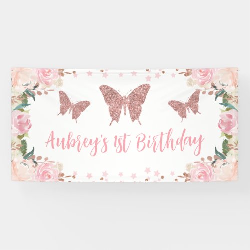 Pink glitter Butterfly Birthday Backdrop Banner