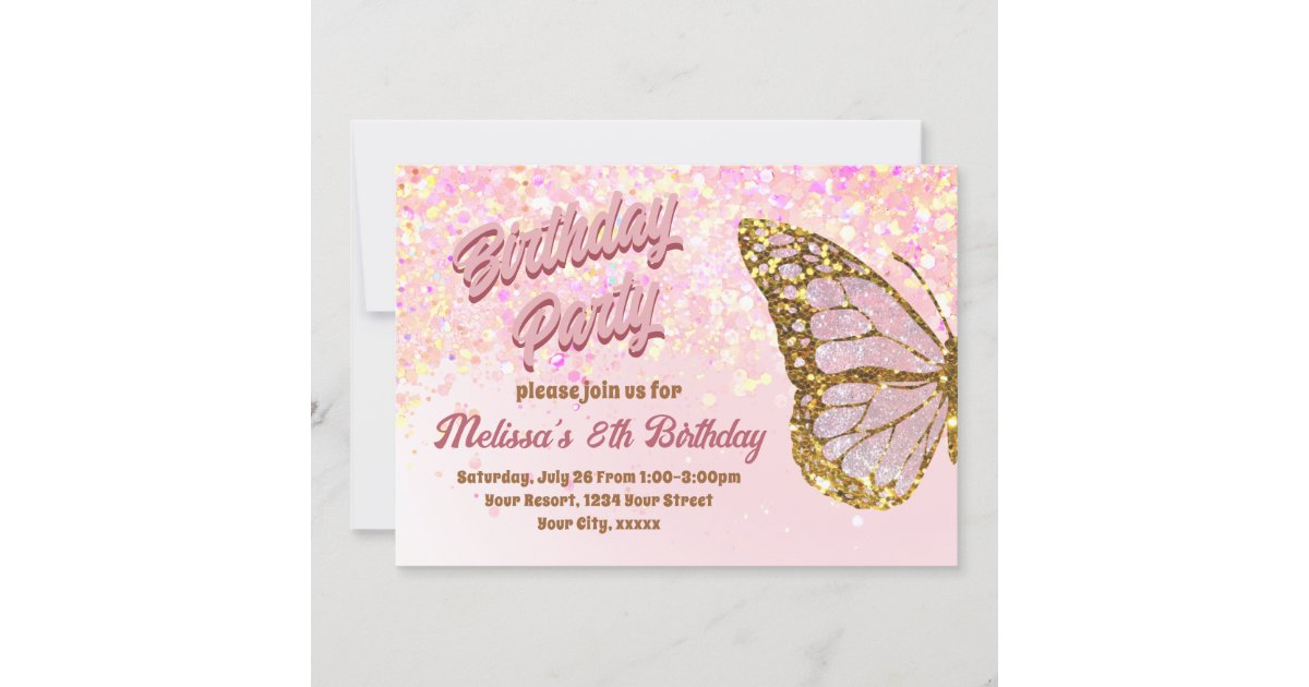 Pink Glitter Butterfly Birthday Invitation Zazzle