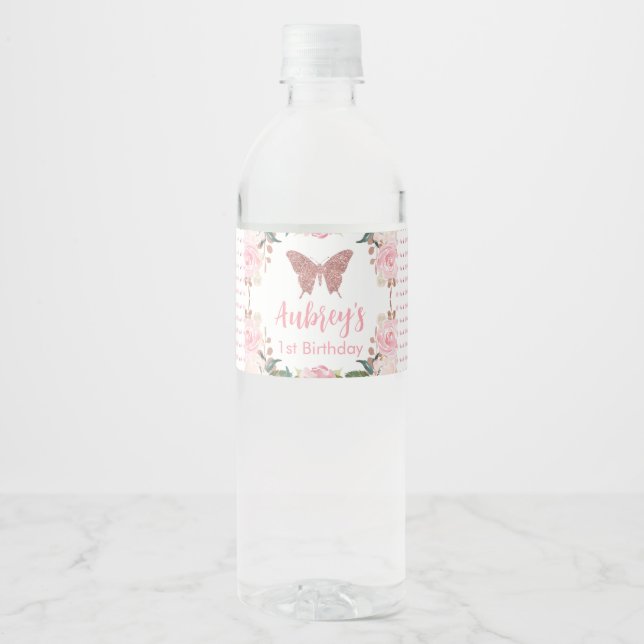 Pink glitter Butterfly Birthday Water Bottle Label (Front)