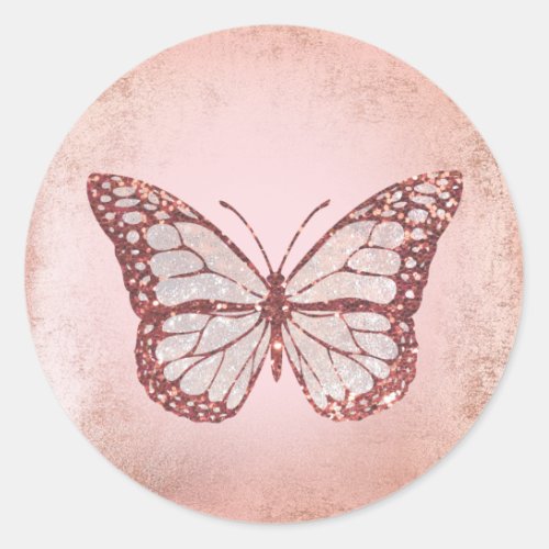 pink glitter butterfly classic round sticker