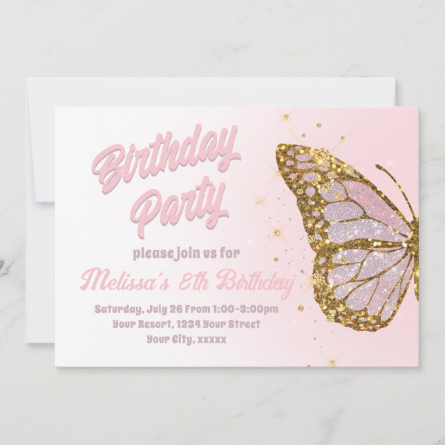 Pink glitter butterfly design Birthday Invitation (Front)