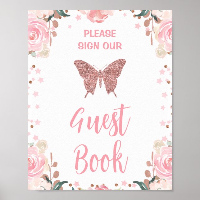 Pink Glitter Butterfly Guest Book Birthday Sign (Front)