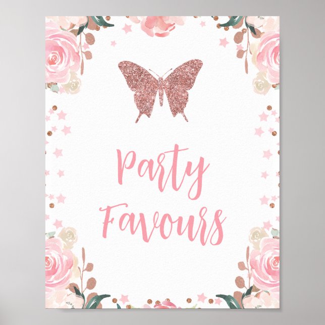 Pink Glitter Butterfly Party Favors Birthday Sign (Front)