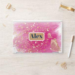 Pink glitter, butterfly & personalize name HP laptop skin