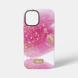 Pink glitter, butterfly & personalize name iPhone 12 mini case